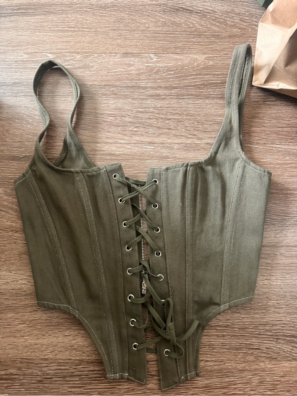 White Fox Olive Green Lace-Up Corset Crop Top